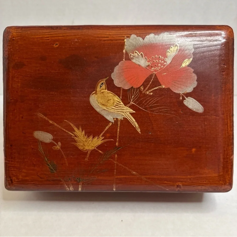 Antique Japanese Hand-Painted Cinnabar-Red Lacquered Box No Key